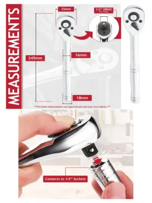 1/2" Reversible Ratchet with Square Drive, 100‑Tooth Quick‑Release