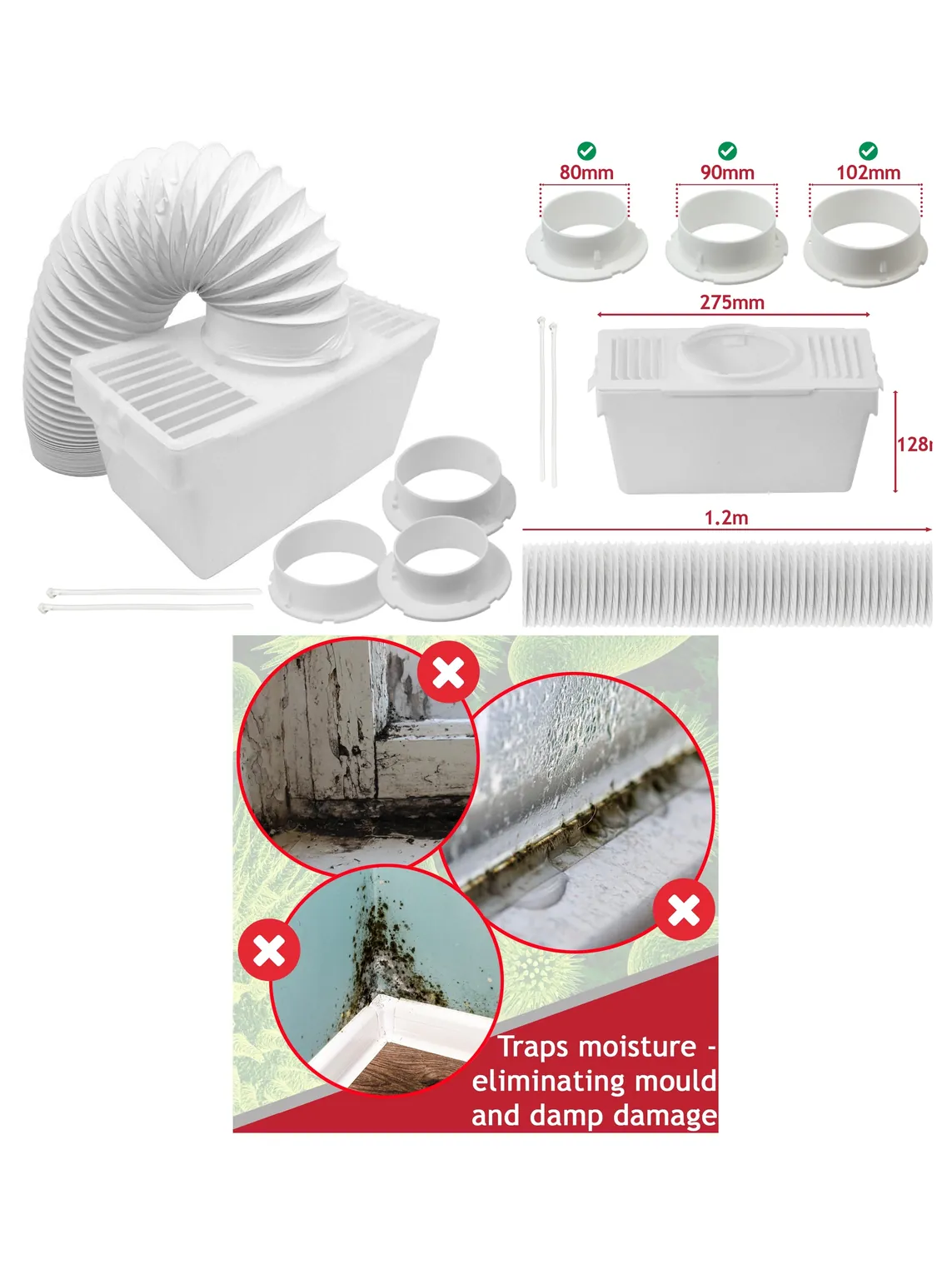 1.2m Dryer Vent Hose Kit with 3 Adaptors for AEG Condenser Dryers