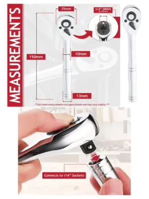 1/4" Ratchet Square Drive, 100-Tooth Quick-Release, Vanadium Steel