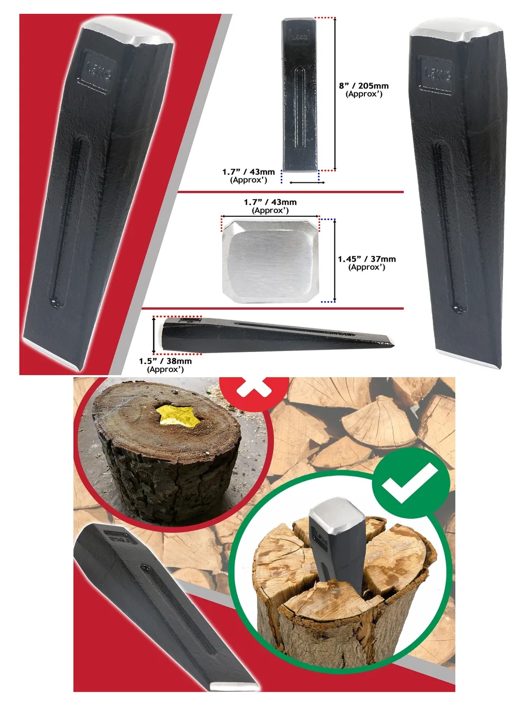 1.5kg Log Splitting Wedge & Chisel – Heavy Duty Firewood Maul