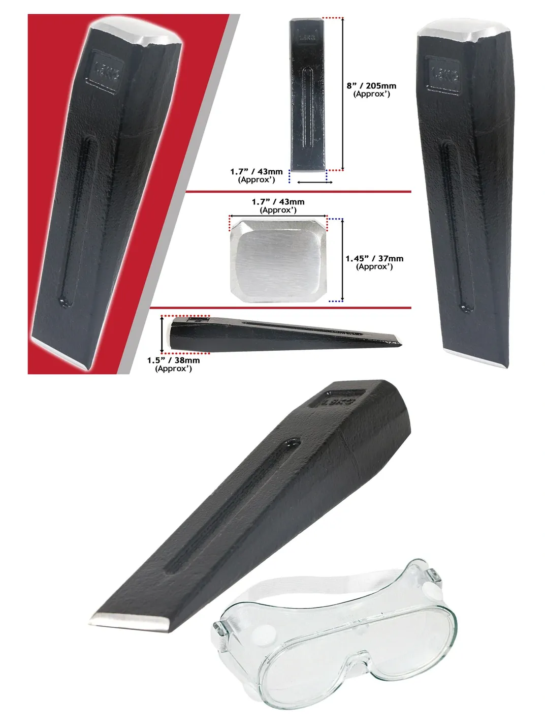 1.5kg Log Splitting Wedge & Maul Set with Adjustable Safety Goggles