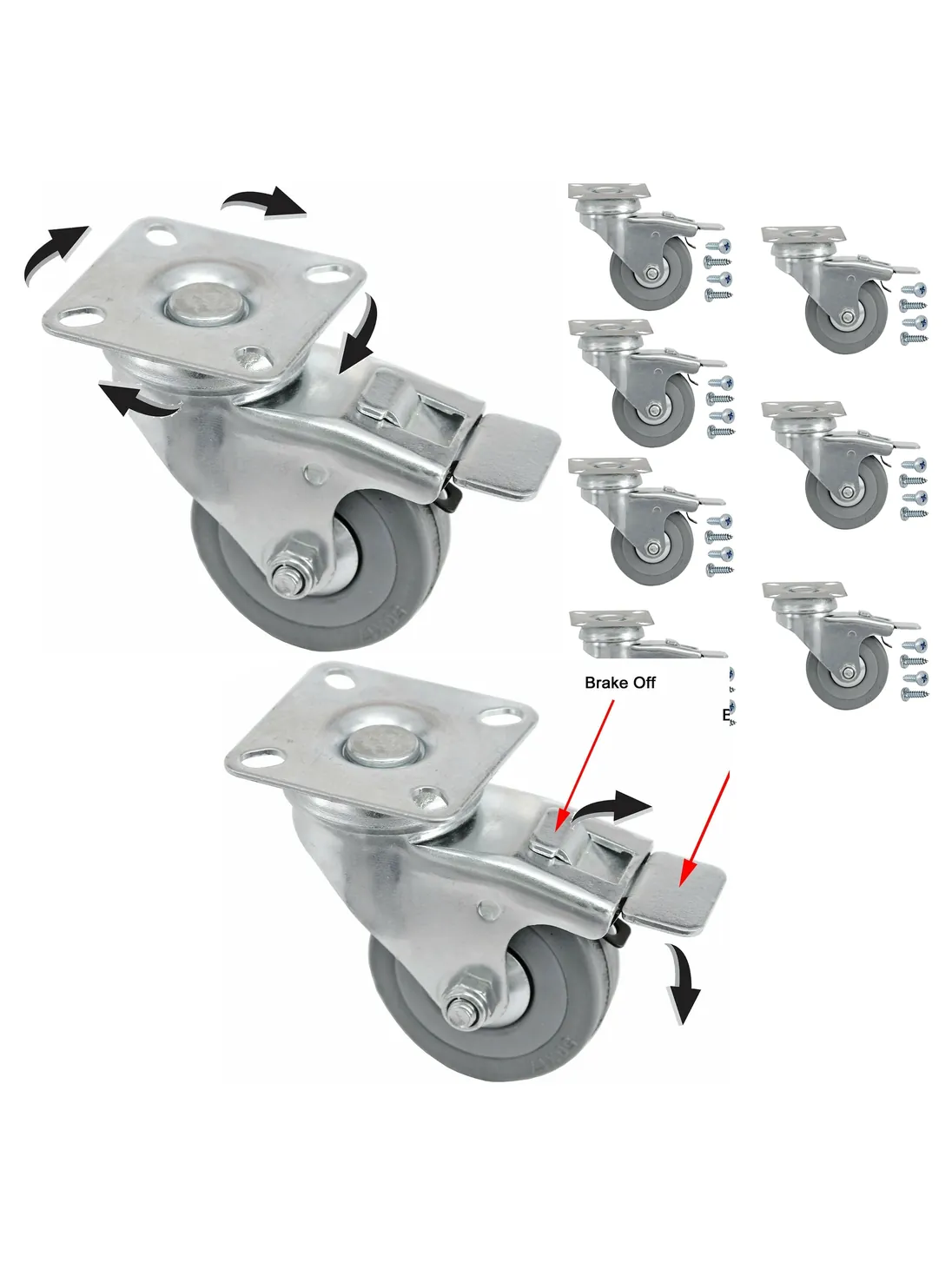 10 Pack 50mm Swivel Brake Caster Wheels for Trolleys with Screws