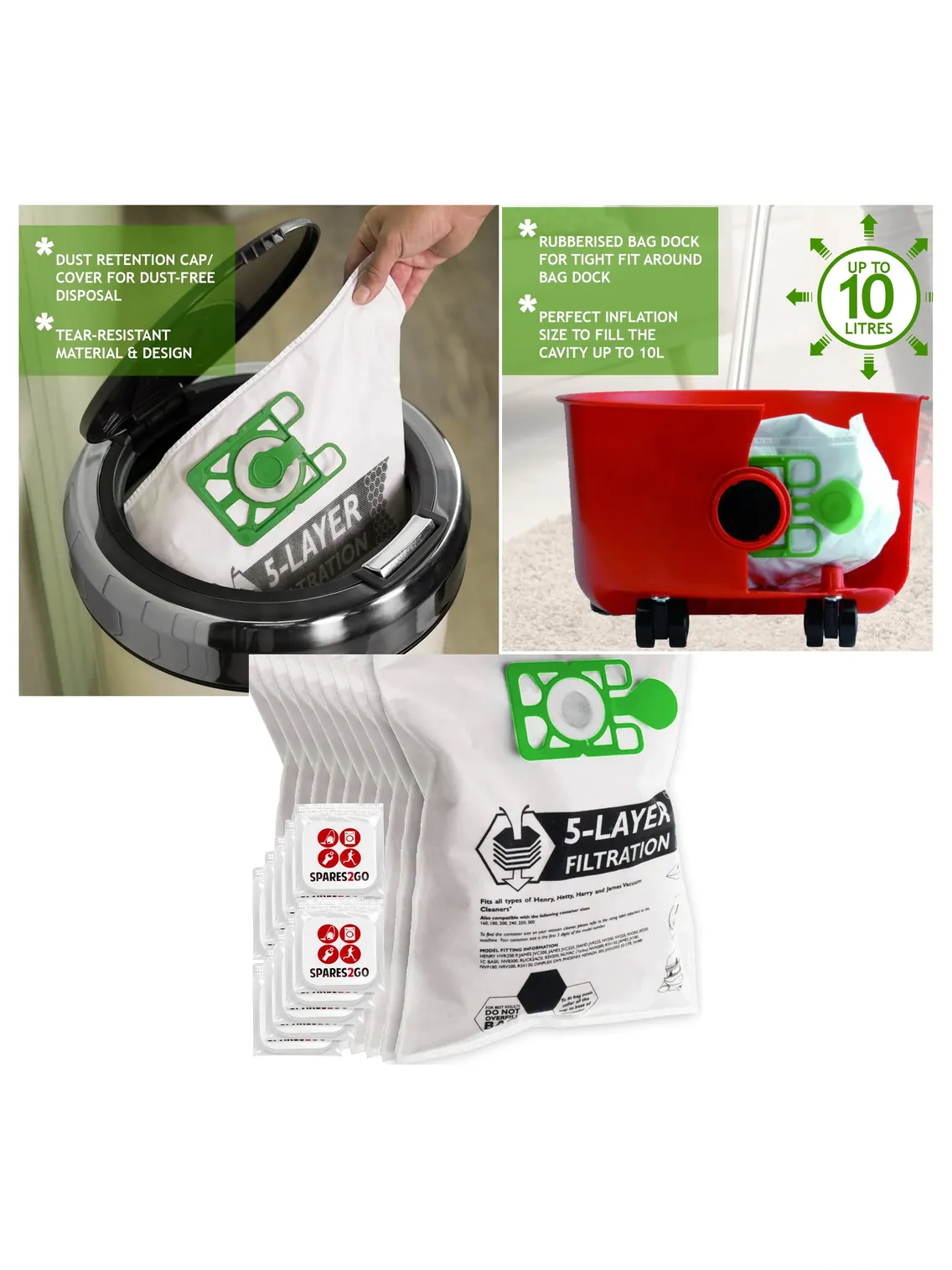 10‑Pack Numatic Henry HVR200/HVX200 Vacuum Bags with Freshener