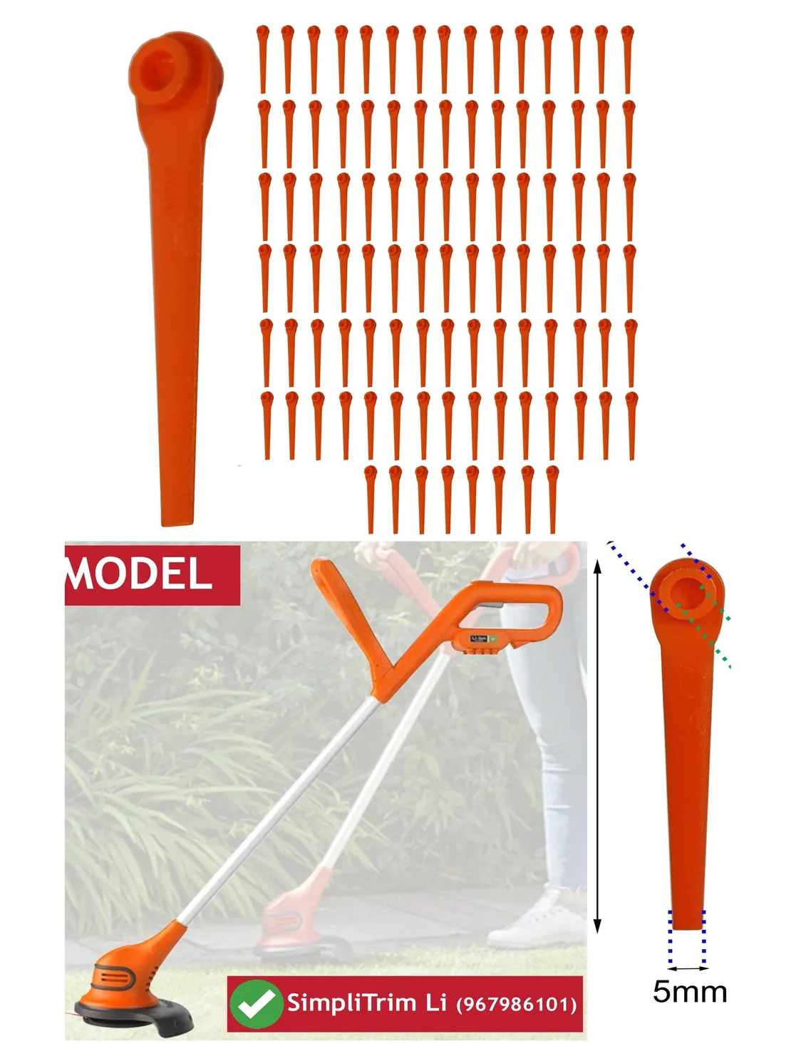 100 Plastic Blades for FLYMO SimpliTrim Li‑Battery Grass Trimmer