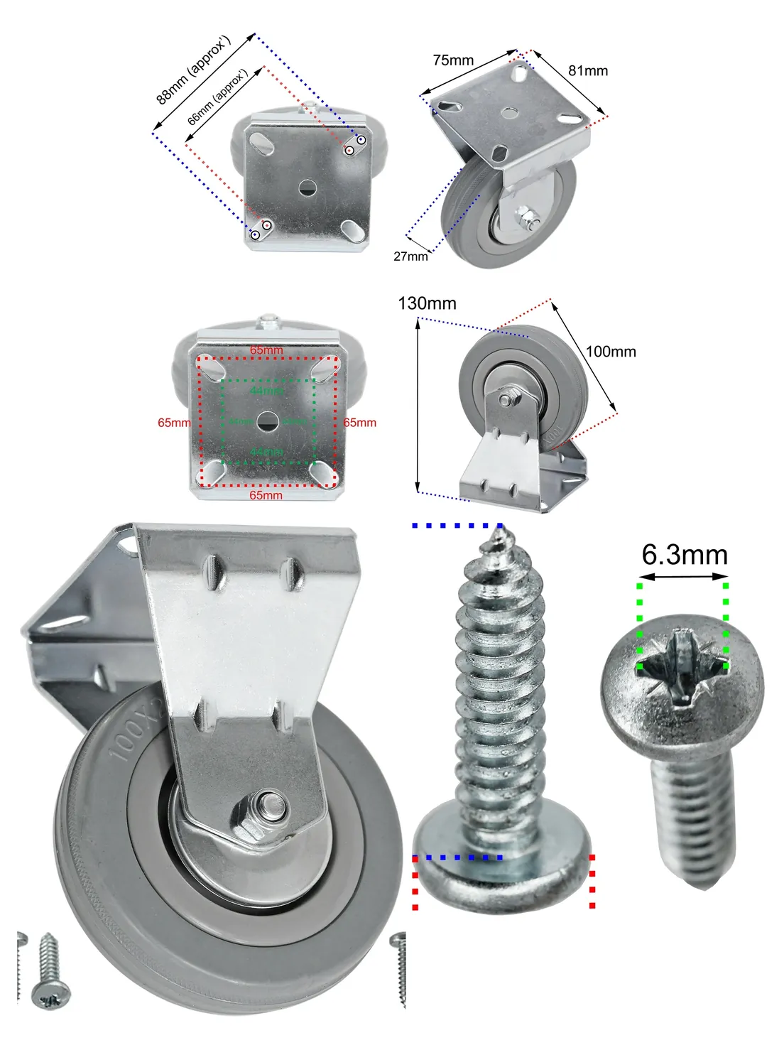 100mm Rubber Caster Wheel – Fixed Metal Plate, 80kg Load + Screws