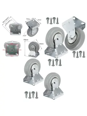 100mm Rubber Caster Wheels Fixed Metal Plate 80kg (2) + Screws