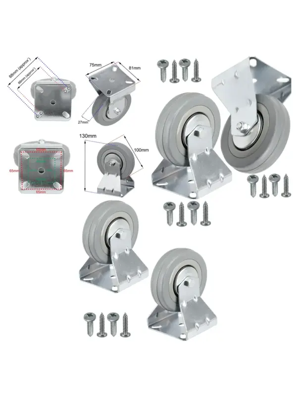 100mm Rubber Caster Wheels Fixed Metal Plate 80kg (2) + Screws