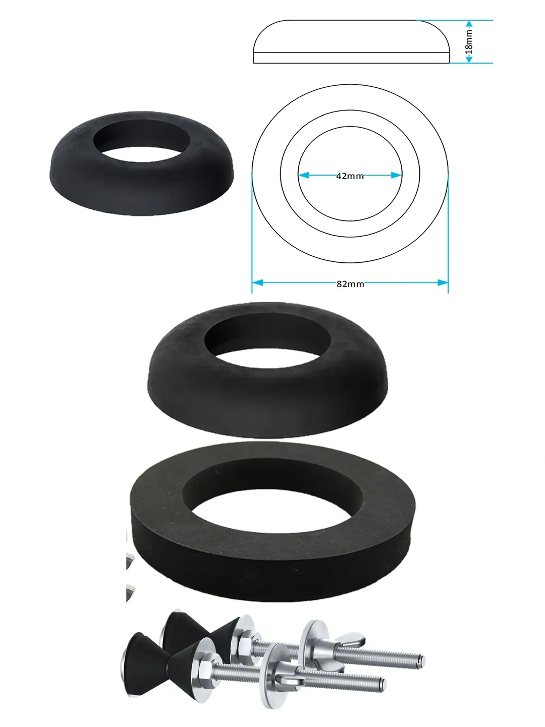 100mm Toilet Cistern Seal Kit with M6 Bolt, Rubber Dome & Foam Washers