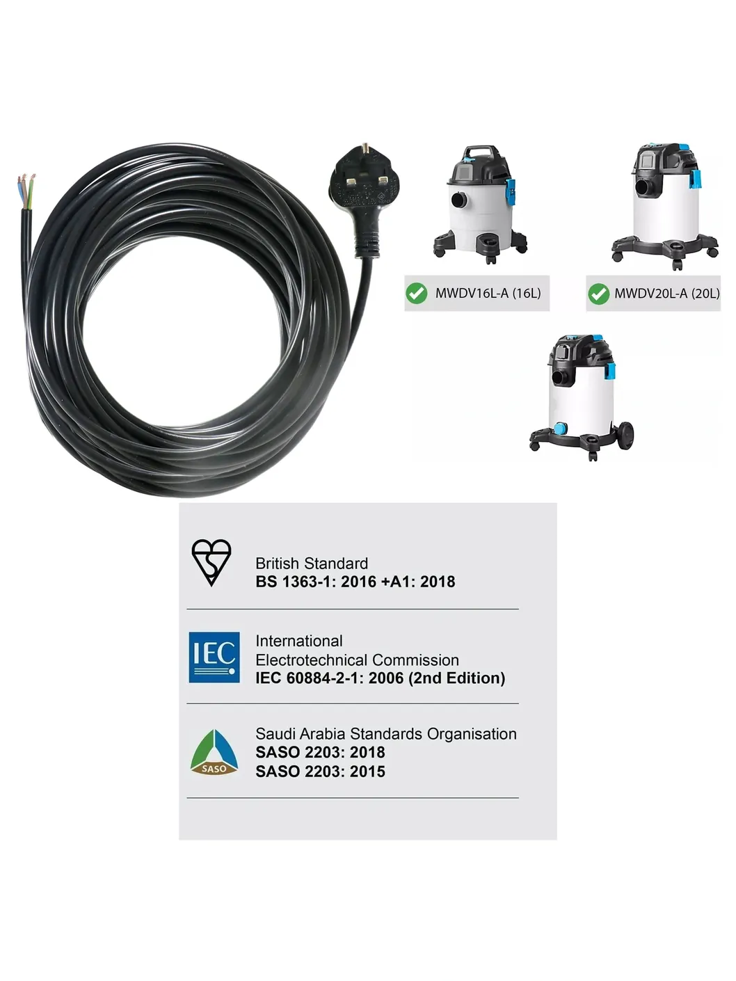 10m 3‑Core 13A Power Cable for Mac Allister MWDV Vacuum – UK Plug