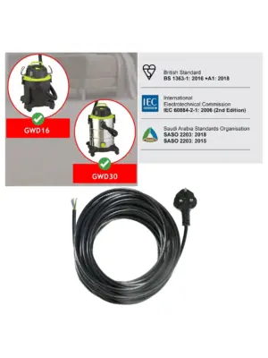 10m 3‑Core Power Cable for Guild GWD16 & GWD30 Wet/Dry Vac 13A UK Plug