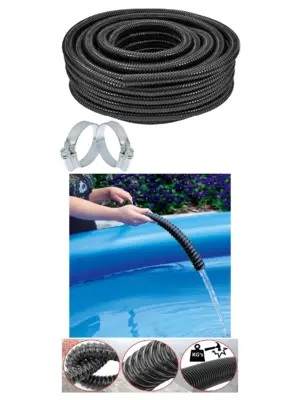 10m Flexible Corrugated Garden & Pond Hose – 32mm Pipe with 2 Clamps