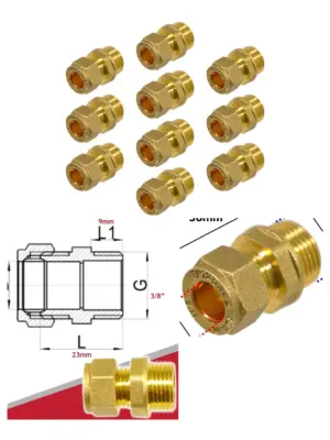 10mm x 3/8 BSP Brass Male Compression Pipe Coupler Adapter – 10 Pack
