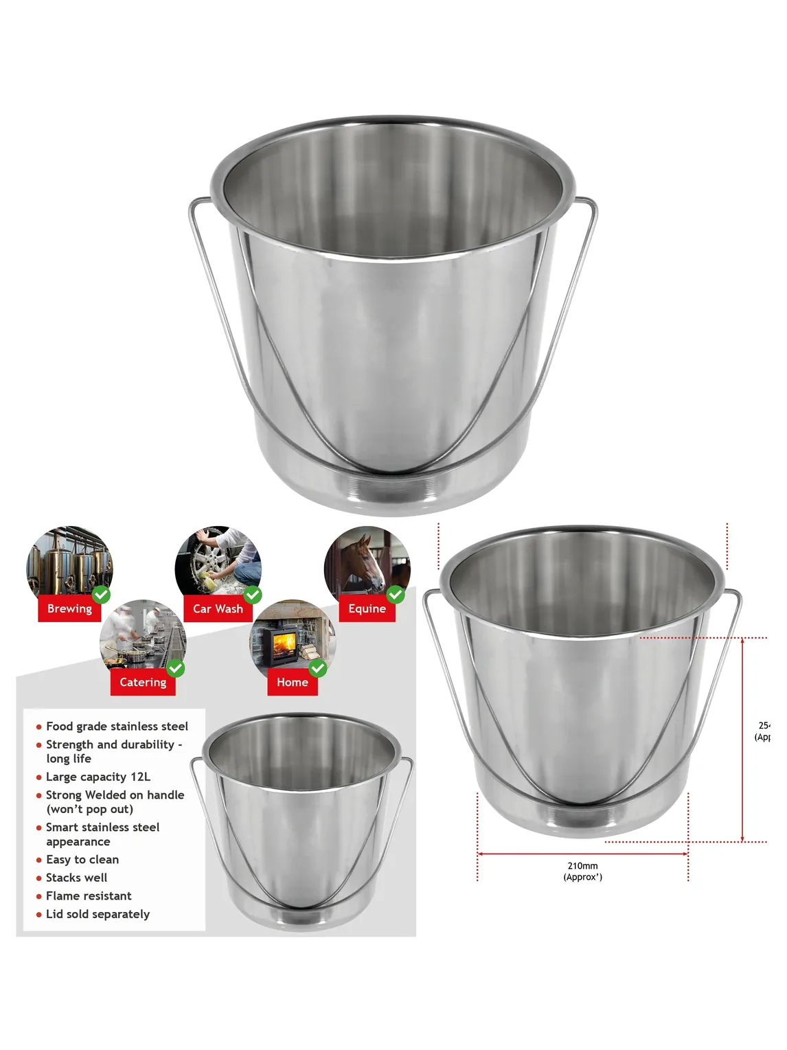 12 L Stainless Steel Catering Bucket with Handle – Silver