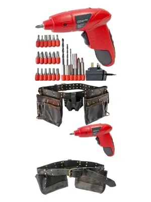 12‑Pocket Double Leather Tool Belt with Mini 4.8V Cordless Screwdriver