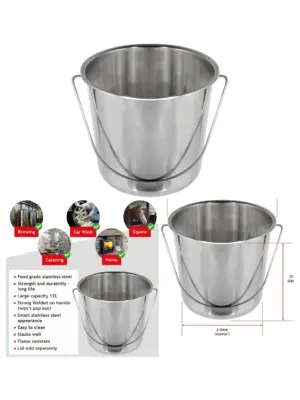 12L Silver Stainless Steel Bucket with Handle – Heavy‑Duty Pail