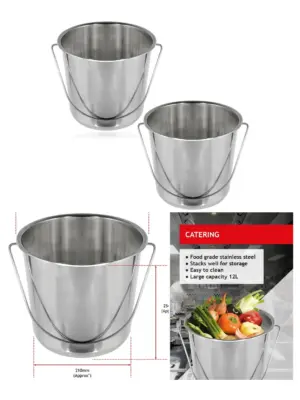 12L Stainless Steel Catering Bucket with Handle – Silver, 2 Pack