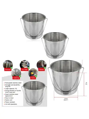 12L Stainless Steel Hand‑Held Bucket Set – Silver Pails