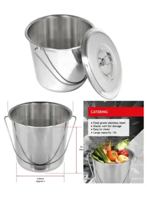 12L Stainless Steel Kitchen Bucket with Lid – Ideal for Catering & Bar