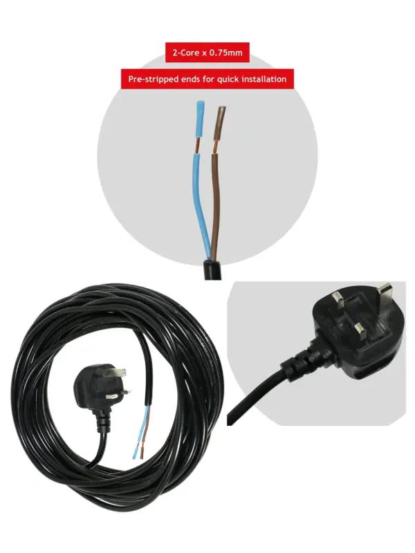 12m (40ft) Black Power Cord with UK Plug – Extension for Vax Vacuums