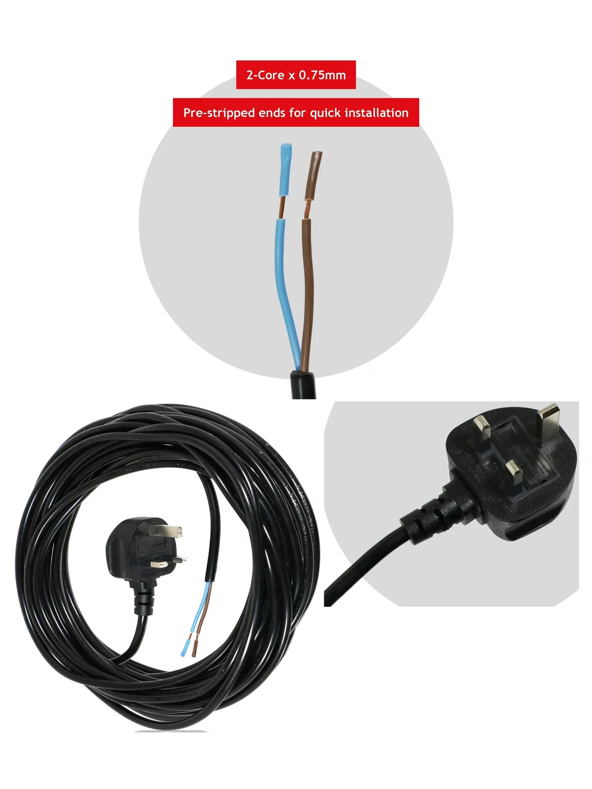 12m Black Power Cord with UK Plug – Extra Long for Hoover Vacuums