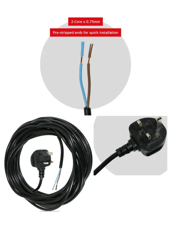 12m Black Power Cord with UK Plug - Extra-Long Lead for SEBO Vacuums