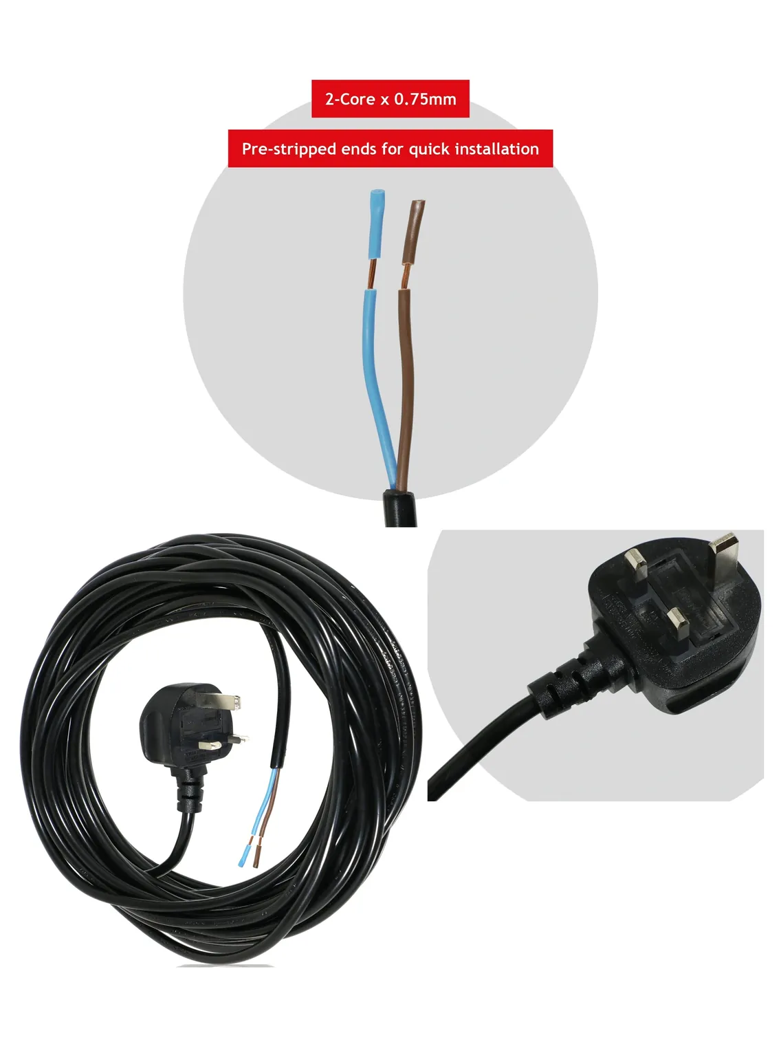 12m Black Power Cord with UK Plug - Extra-Long Lead for SEBO Vacuums