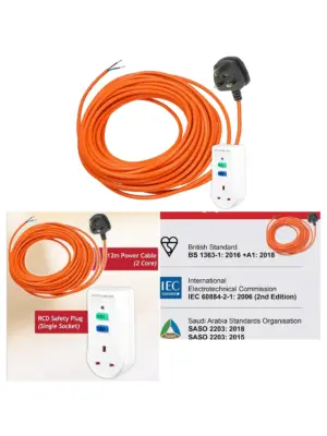 12m Lawn Mower Power Cable with RCD Safety Plug & Trip Switch Adapter