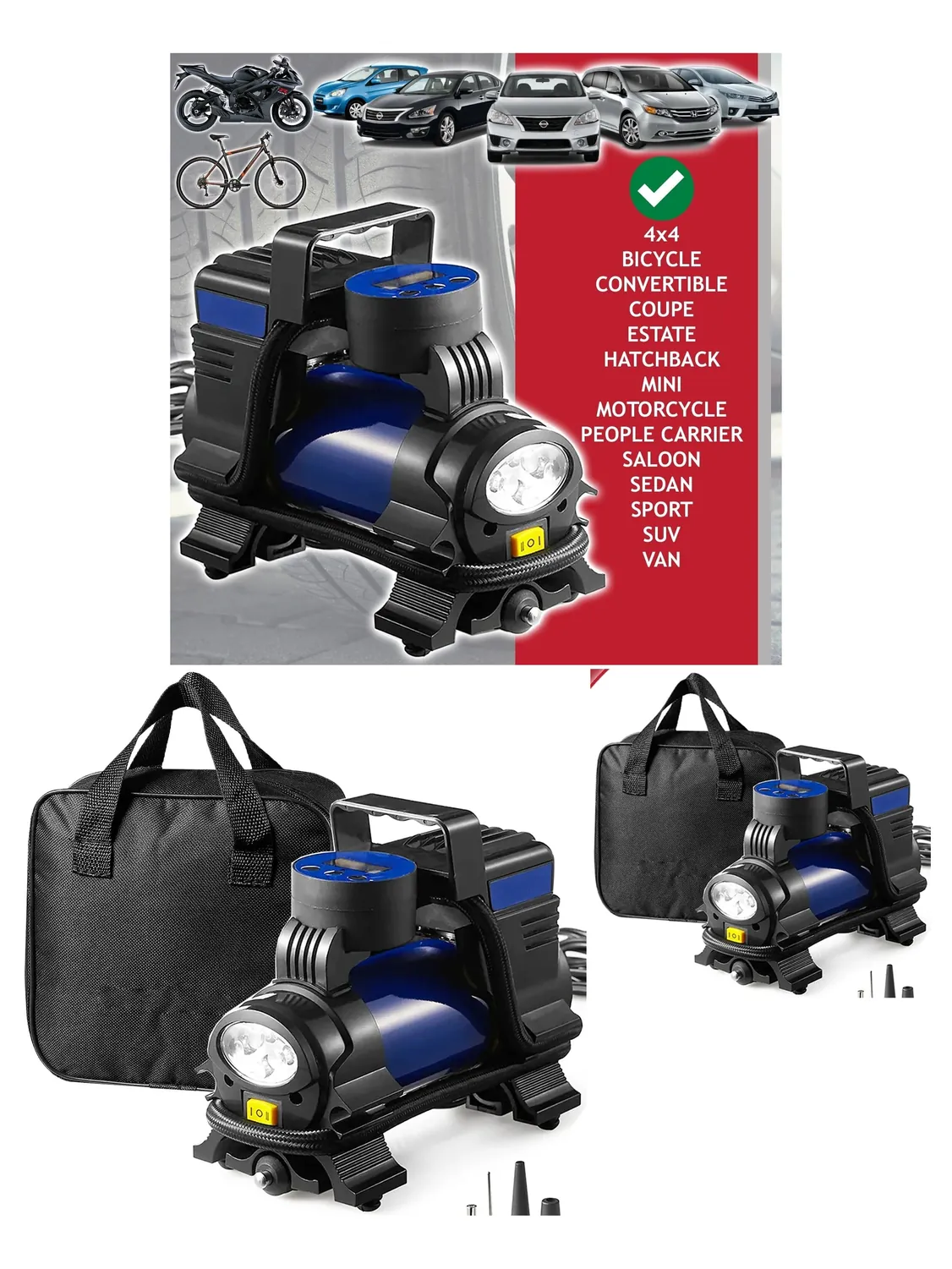 12V Digital Portable Tire Inflator with LED Light – Car & Bike Bag
