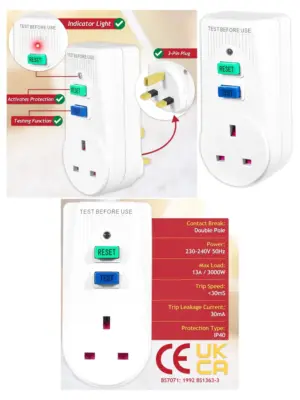 13A UK RCD Safety Plug Single Socket Circuit Breaker – 230V Adapter