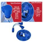 14m 16A Blue Extension Cord 240V with Dual 16A Splitter Kit