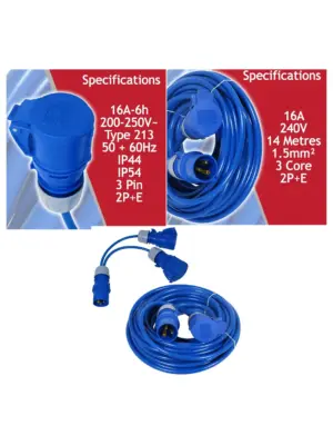 14m 16A Blue Extension Cord 240V with Dual 16A Splitter Kit