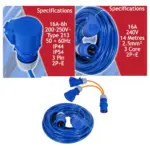 14m 16A Heavy Duty Blue Extension Cord 240V 2.5mm² plus 2 Splitters