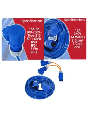 14m 16A Heavy Duty Blue Extension Cord 240V 2.5mm² plus 2 Splitters