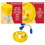 14m 16A Heavy‑Duty Yellow Extension Cord 110V 2.5mm² + 2‑Pack Splitter