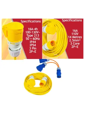 14m 16A Heavy‑Duty Yellow Extension Cord 110V 2.5mm² + 2‑Pack Splitter