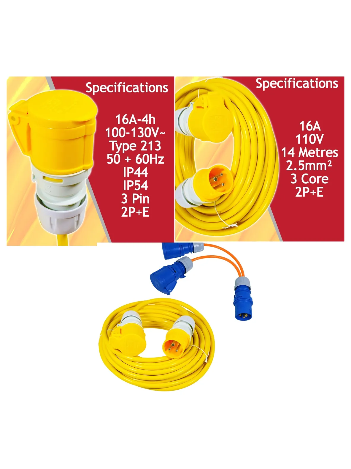 14m 16A Heavy‑Duty Yellow Extension Cord 110V 2.5mm² + 2‑Pack Splitter