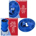 14m Heavy‑Duty 16A Blue Extension Cord – 240V, 1.5mm², 3‑Pin