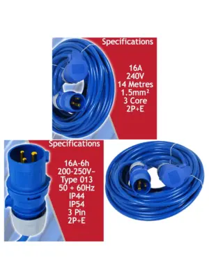 14m Heavy‑Duty 16A Blue Extension Cord – 240V, 1.5mm², 3‑Pin