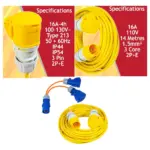 14m Yellow 16A Extension Lead with 2‑Way Splitter 1.5mm² Power Cable