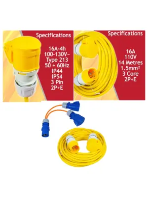 14m Yellow 16A Extension Lead with 2‑Way Splitter 1.5mm² Power Cable