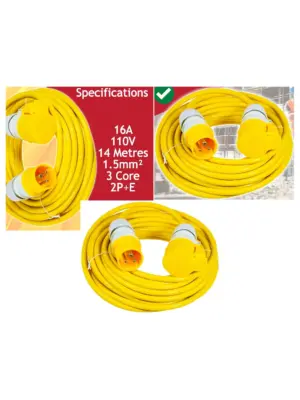 14m Yellow Extension Cord – 110V, 16A, 1.5mm² for Outdoor Generator