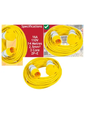 14m Yellow Heavy‑Duty 110V Extension Cord, 16A, 2.5mm² for Outdoor Use