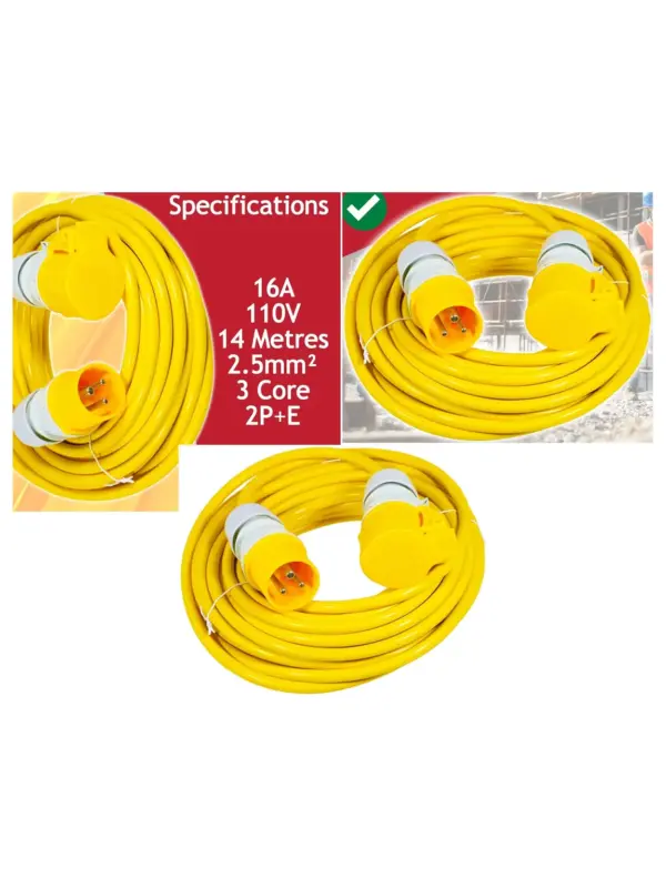 14m Yellow Heavy‑Duty 110V Extension Cord, 16A, 2.5mm² for Outdoor Use