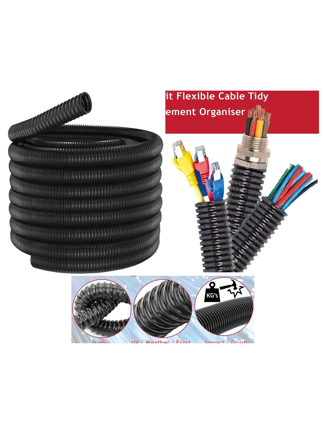 15m Black Flexible Cable Sleeve – 51mm Diameter Wire Management Tubing