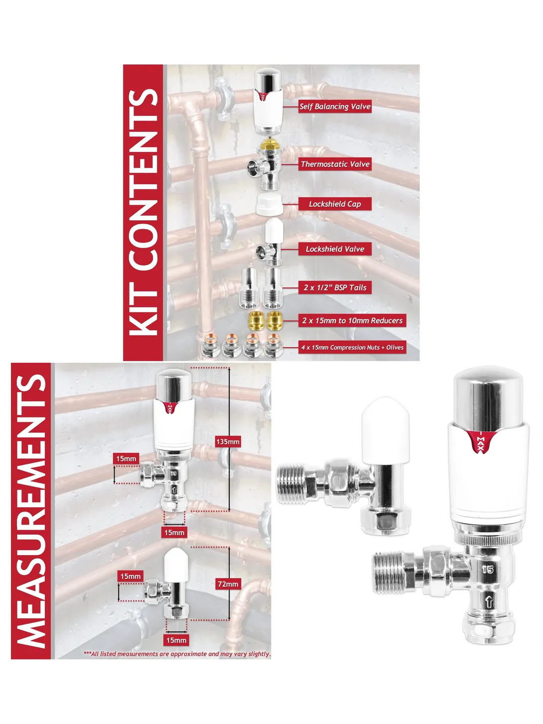 15mm Thermostatic Radiator Valve (TRV) Kit with Lockshield Control