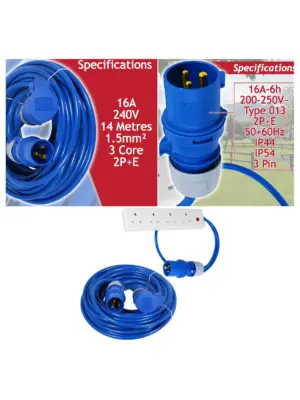 16A 14m 240V Lead 1.5mm² + 4‑Gang 13A Switch & 1m 3‑Pin Adapter