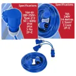 16A 14m Heavy Duty Extension Cord 240V 2.5mm² with Dual 16A Splitter