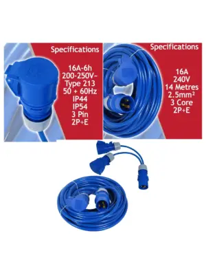 16A 14m Heavy Duty Extension Cord 240V 2.5mm² with Dual 16A Splitter