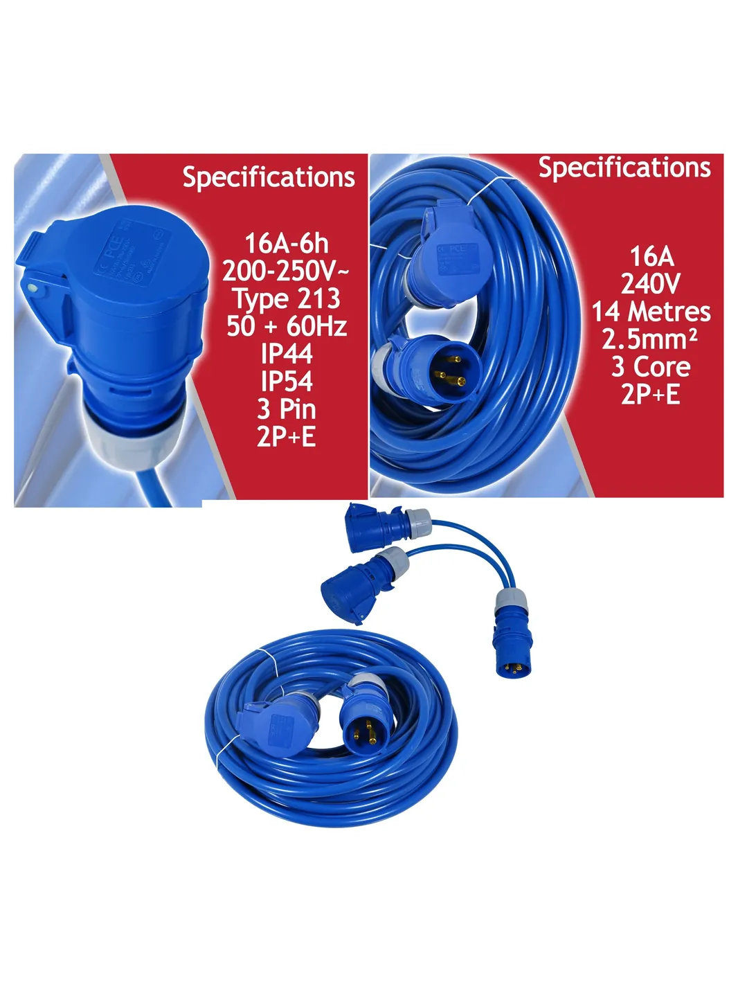 16A 14m Heavy Duty Extension Cord 240V 2.5mm² with Dual 16A Splitter