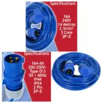 16A Heavy-Duty 14m Blue Extension Cord – 2.5mm², 240V, 3‑Pin
